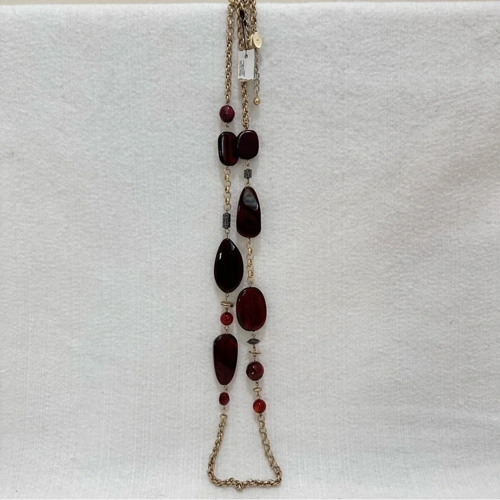 New Chicos gold tone long necklace with chunky ruby red beads, adjustable length